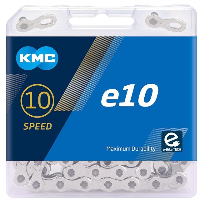 Cadena de bicicleta KMC e10 plateada con su conector MissingLink