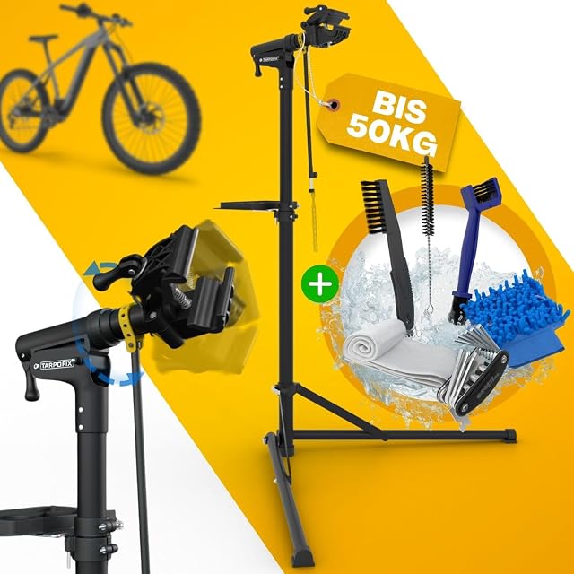 Caballete de taller Tarpofix sujetando una bicicleta eléctrica a altura de trabajo