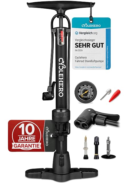 Bomba de pie CYCLEHERO con base ancha y mecanismo plegable, con la manguera recogida