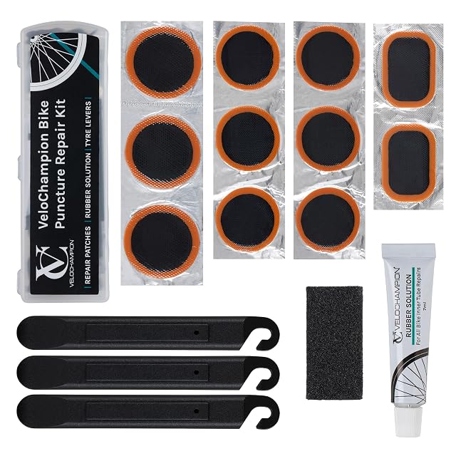 Kit de reparación de pinchazos VeloChampion con parches y disolución vulcanizante