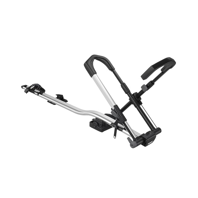 Portabicicletas de techo Thule UpRide sujetando una bicicleta por la rueda delantera